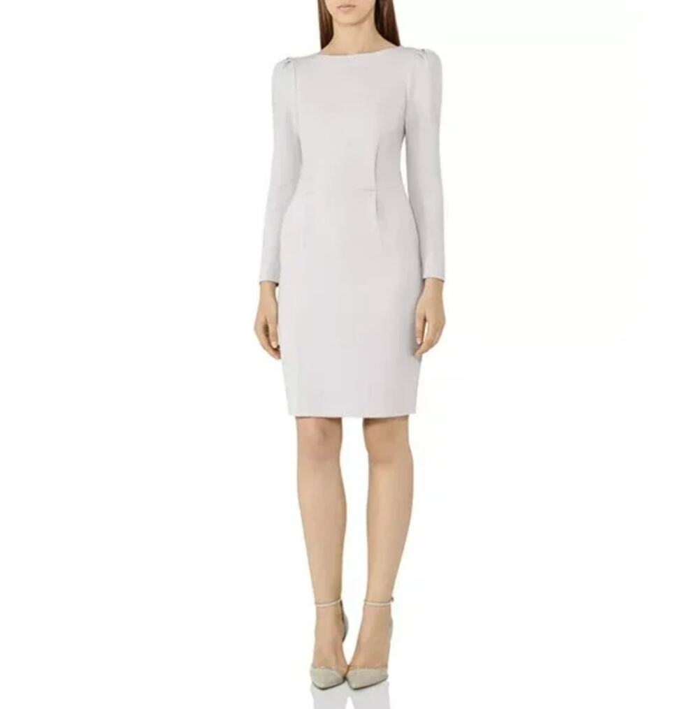 Reiss Nessa Puff Sleeve Jersey Sheath Dress Pleated Detail Gray Women's Size 4